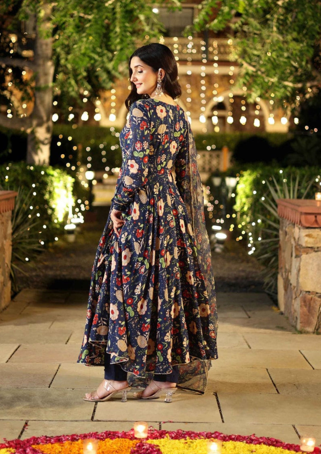 Black Color Floral Stylish Gown With Dupatta And Pant Set