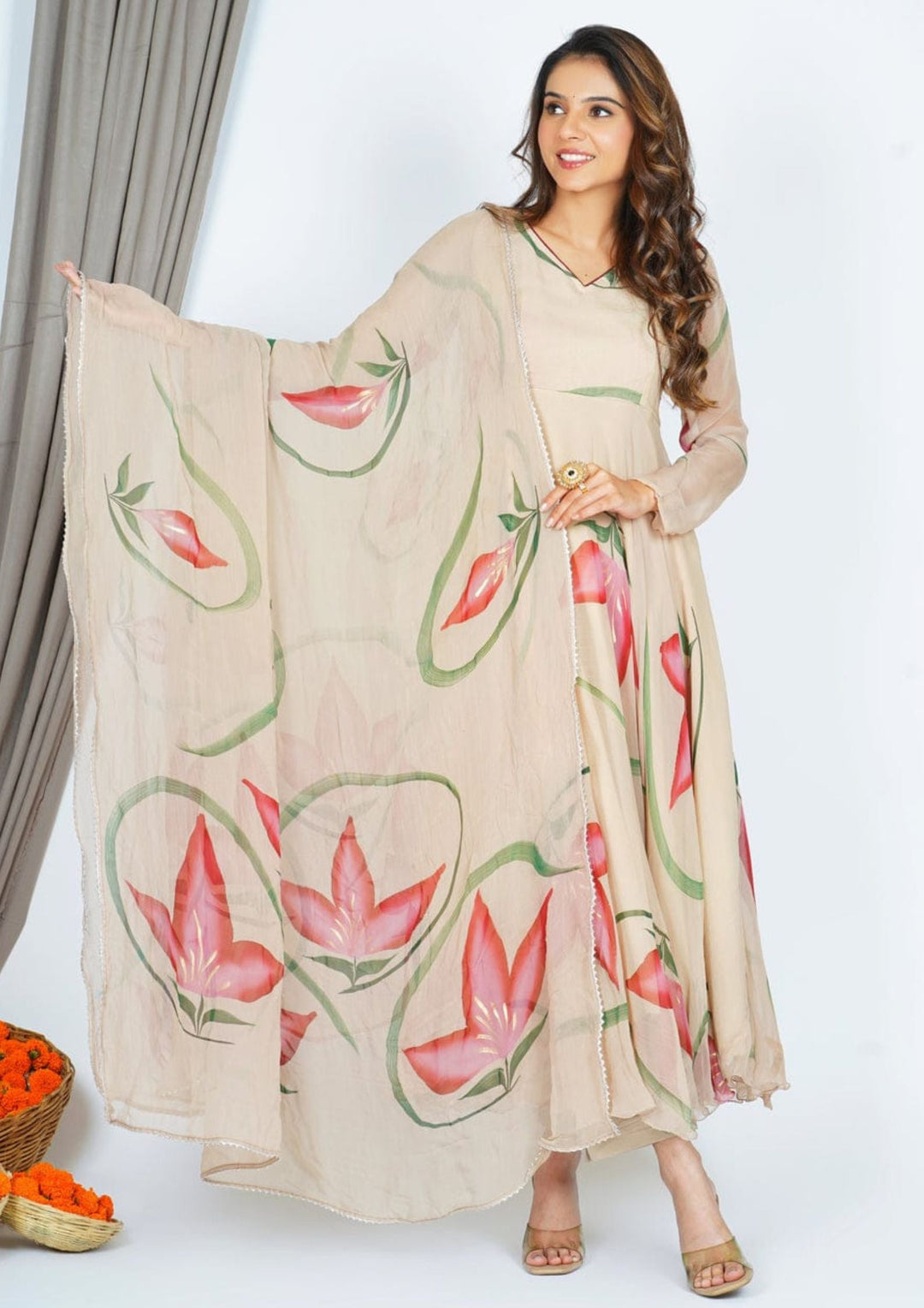 Cream Floral Printed Anarkali Gown With dupatta and Pant Set