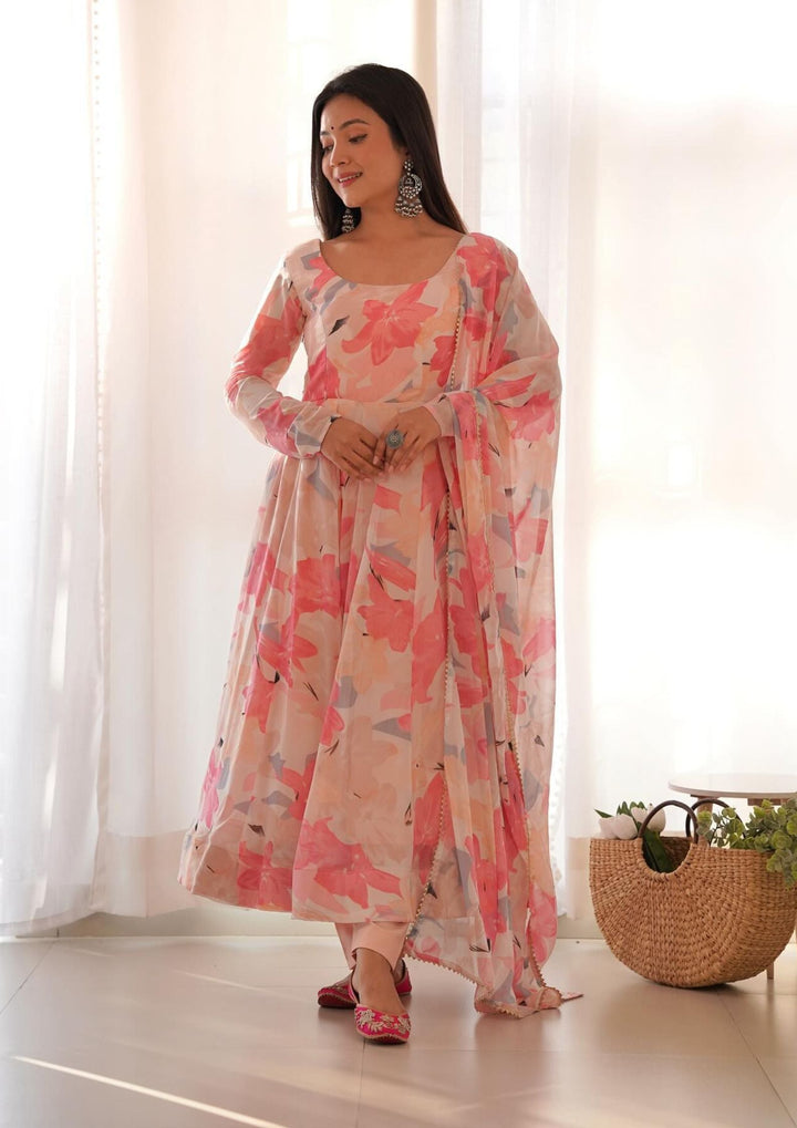 Georgette Anarkali Gown With Floral Print dupatta and pant Set